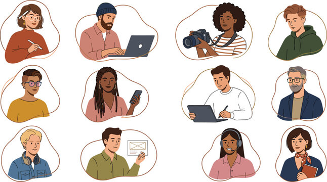 Creative Professional Avatar Collection with Freelancers, Remote Workers, Content Creators, and Digital Business People for Team Profiles and Modern Workplace Design