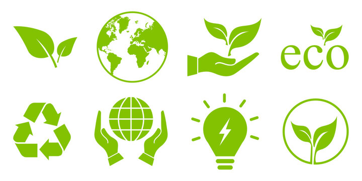 Green Eco Vector Icon Set with Leaf, Globe, Recycle Symbol, Sprout Hand and Renewable Energy Bulb