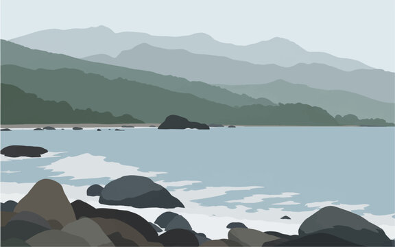 Mountain Coast Vector Landscape with Rocky Shore, Calm Sea, Forest Hills and Misty Peaks tranquil