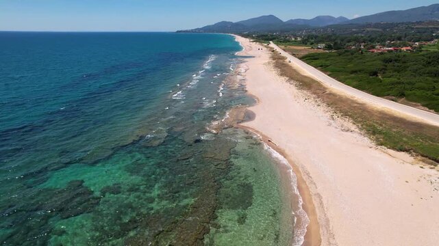 Kanali Beach Aerial Dolly Shot, Empty from People, Preveza Coastline Nature with Crystal Clear Waters of Ionian Sea