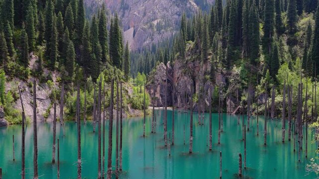 Locked off tripod shot of Kaindy Lake in Almaty Region