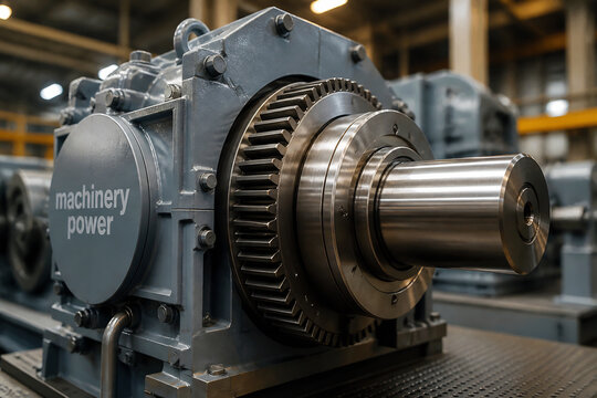A heavy industrial gearbox with a shaft is displayed in a factory setting.