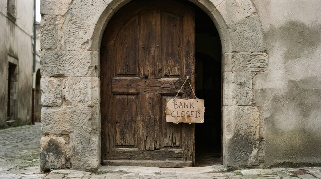 Historic stone building entrance with closed wooden door with bathed soft natural lighting handwritten sign indicating entrance with entrance