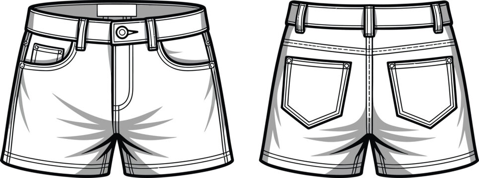 Technical fashion design sketch of denim shorts showing front and back views as a professional cad drawing