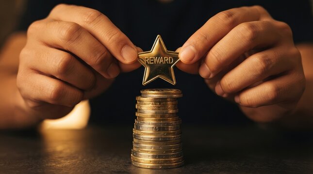 Hands placing gold star reward on stacked coins under warm lighting with two hands carefully positioning golden star labeled REWARD atop stack gleaming coins