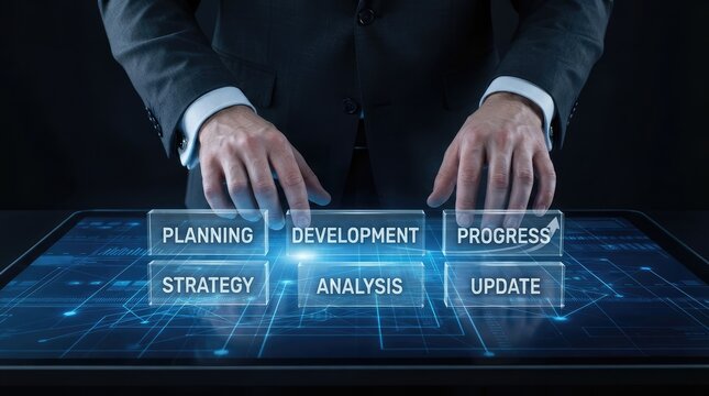 Professional hands interacting with digital project management interface with planning strategy development engaging futuristic digital interface