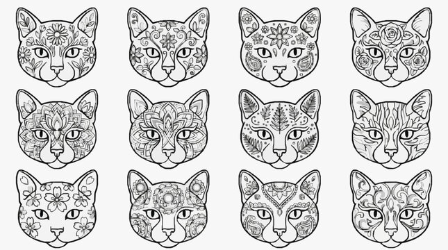 Diverse Cat Silhouettes in Line Art.