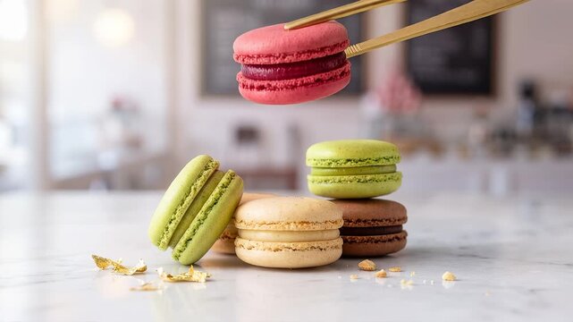 Premium cinematic macro of gold tweezers lifting a pink French macaron above colorful assorted macarons with elegant bakery presentation