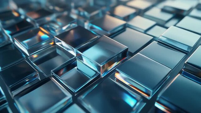 Transparent precision-cut glass tiles float in an elegant mosaic, shifting gently while refracting light into moving reflections and soft caustics with cinematic architectural realism.