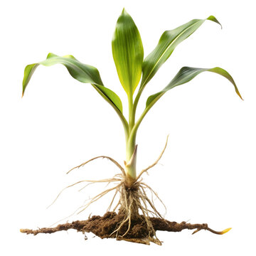 Small young banana plant with visible roots and soil isolated on transparent background