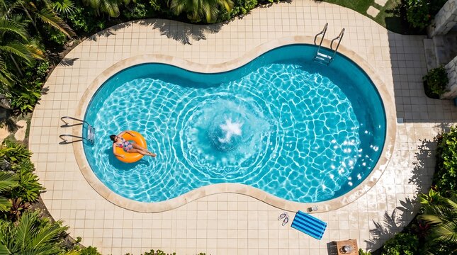 Aerial overhead view of a luxury swimming pool with woman floating on inflatable ring in monochrome black and white fineart vector style concept for summer vacation persia iran resort and relaxation