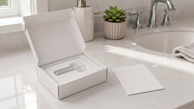 Open white gift box with small card on modern bathroom vanity with sunlight