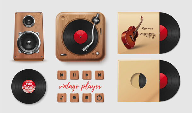 Vector set of retro music elements: vinyl record player, wooden speaker, control buttons, vinyl disc and album covers with guitar illustration on beige background.