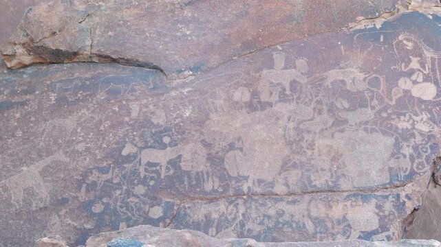 a wide panning clip of petroglyphs of african animals on the side of a large boulder at twyfelfontein in namibia, africa