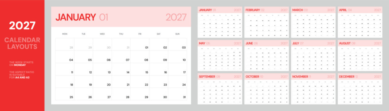 Minimal white 2027 calendar template with red accents, clean monthly planner pages, Monday week start, printable A4 and A3 layout for efficient scheduling, office organization and everyday planning