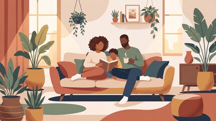 Fototapeta premium Diverse couple with child reading book together on couch in modern living room