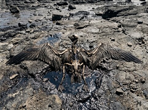 Bird skeleton and feathers in an oil spill on a desolate rocky shoreline