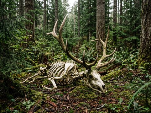 Deer Skeleton with Large Antlers Lying on Mossy Forest Floor