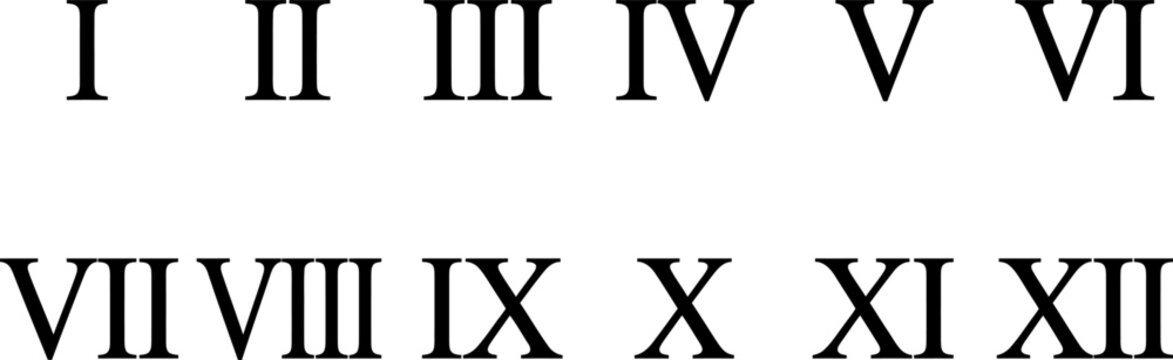 Vector set of classic black Roman numerals from one to twelve, ideal for traditional clock faces, vintage watch dials, educational math charts, and historical typography designs.