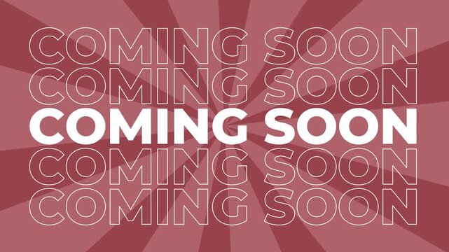 Coming soon 2D typography text animation graphics with spiral coloured digital background retail shopping promotion and sales slogan product advertisements dynamic motion effects colours red maroon