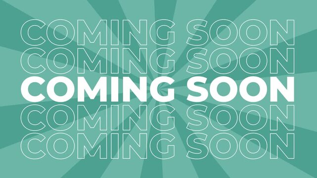 Coming soon 2D typography text animation graphics with spiral coloured digital background retail shopping promotion and sales slogan product advertisements dynamic motion effects colours aqua teal