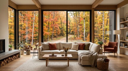 Obraz premium Modern living room interior with large floor to ceiling windows overlooking colorful autumn forest for home staging and real estate marketing
