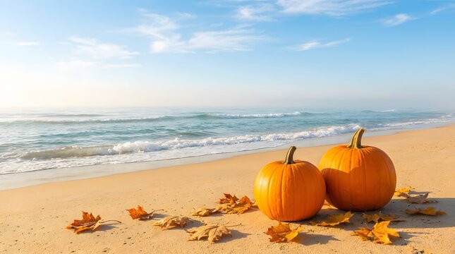 Happy halloween background with orange pumpkins and autumn leaves on a sunny tropical sandy beach shore