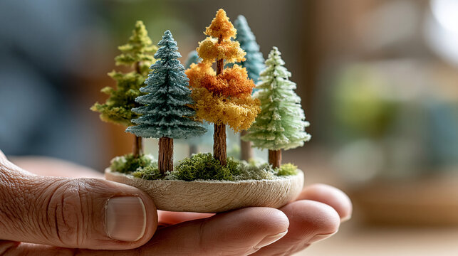 Small miniature handmade forest landscape model held in human hands with miniature