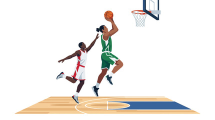 Athletic players compete in a basketball game, one scoring a basket. © Warna