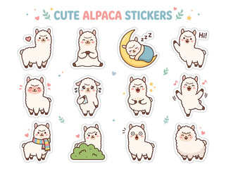 Fototapeta premium A collection of twelve cartoon alpaca stickers arranged on a white background with decorative leaves and stars