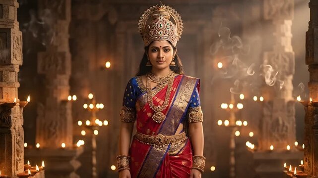 Devi Goddess Standing in Ancient Temple Lit by Oil Lamps.