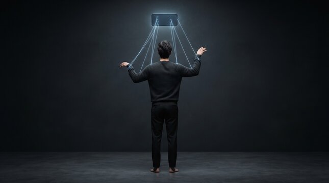Business professional controlled by digital technology. Futuristic executive manipulated by AI and virtual data streams.