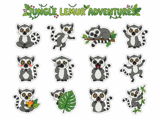 A collection of twelve cartoon lemur stickers on a white background with a JUNGLE LEMUR ADVENTURES header © Miu Studio