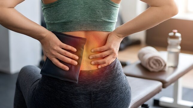 Back pain woman holding cooling ice pack on lower spine injury for medical relief while sitting in gym with athletic wear and glowing red inflammation digital highlight effect on body