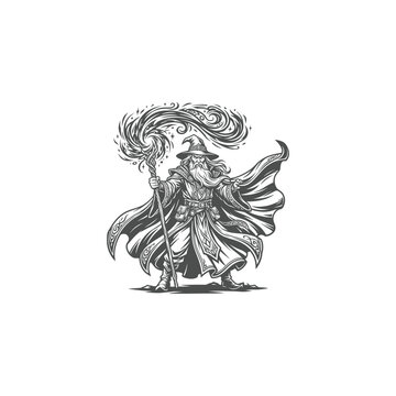 Wizard Casting Spell with Magic Staff Vector Art