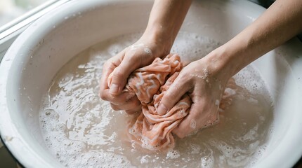 Fototapeta premium Washing clothes by hand in a white basin with soap and water