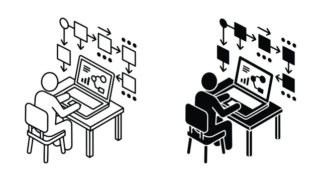 Software developer working on computer coding process flowchart with programming