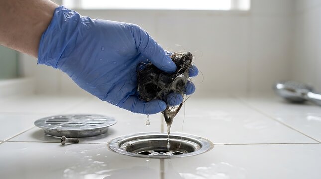 Removing hair clog from a shower drain with blue gloved hand