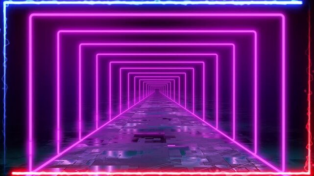 Endless glowing pink and purple neon light rectangles forming a deep futuristic digital tunnel animation.
