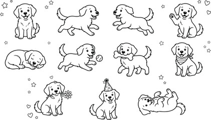 Obraz premium Cute Puppy Dog Outline Illustration Set with Playing Sleeping Sitting and Happy Cartoon Poses
