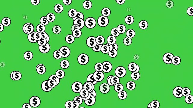 Animation moving down dollar icons sign symbol on green screen.Rain of money symbol motion graphics business concept video element