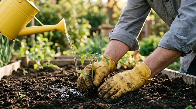Gardener planting and watering a young seedling in a garden bed
