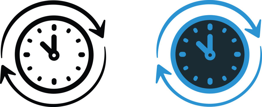 Vector Clock Icon Set featuring time change arrows, schedule symbols, clock management, reminder concepts, and editable glyph solid icons for modern interface design.
