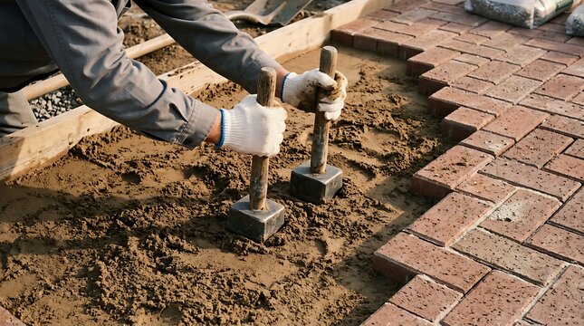 Man laying bricks on a construction site with tamping tool