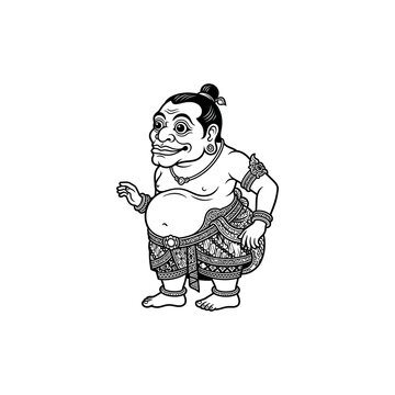 Black and white line art illustration of a traditional Javanese Semar wayang puppet character.