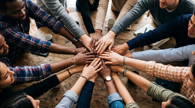Top down high resolution view of diverse group of people putting their hands together over a rustic wooden table in monochrome black and white fineart vector style concept for persia iran unity teamwo