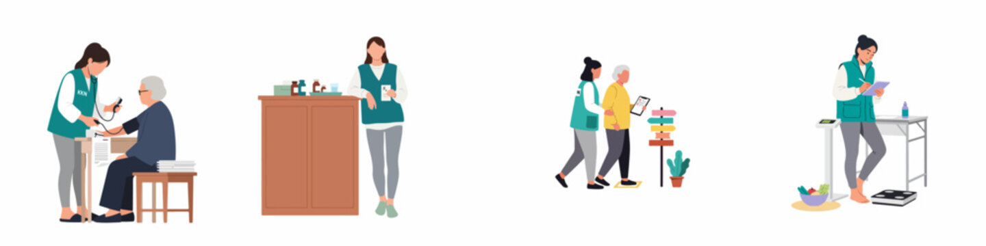 Flat vector illustration set of community health volunteers providing medical checkups, medication assistance, and mobility support for elderly people in a social service program.