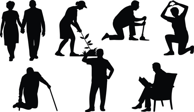 Human activity silhouettes walking, planting, digging, reading, heart pose, cane support, leisure lifestyle, daily life actions vector illustration