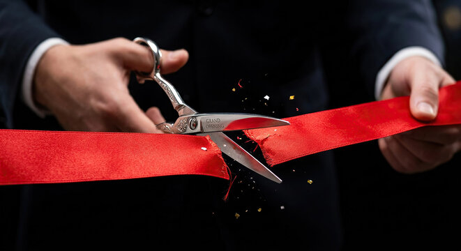 Person cutting bright red ribbon with sharp silver scissors for opening ceremony