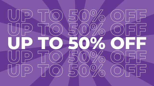 Up to 50% off 2D typography text animation graphics with spiral coloured digital background retail shopping promotion and sales slogan product advertisements dynamic effects colours royal purple